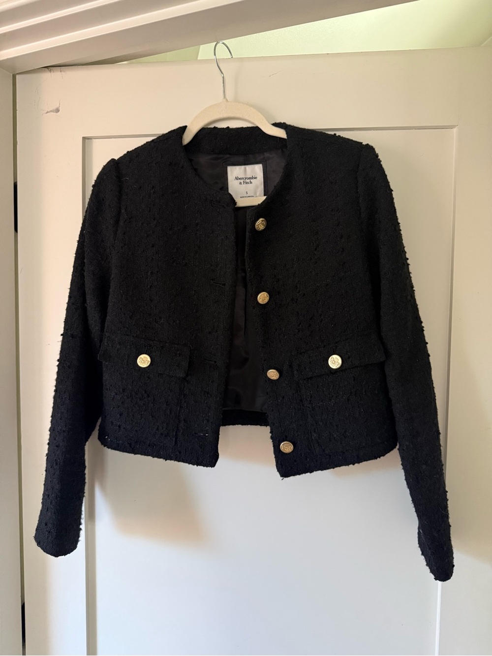 Abercrombie & Fitch Black Tweed Boxy Crop Jacket with Gold Buttons